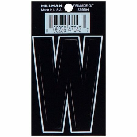 HILLMAN Letter, Character: W, 3 in H Character, Black/White Character, Black Background, Vinyl 839604